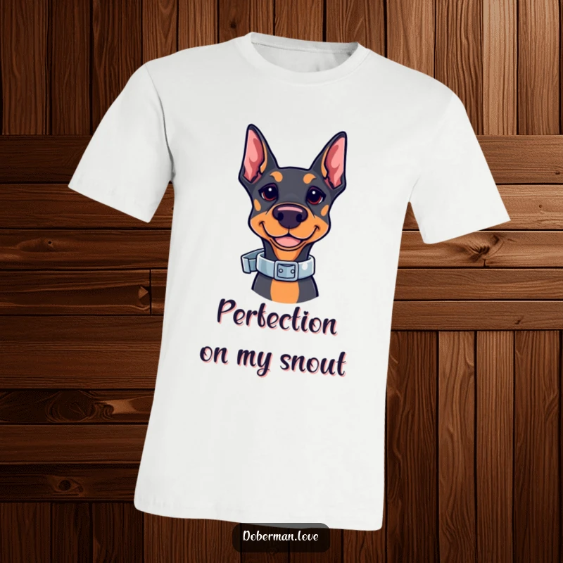 Funny Kawaii Doberman T-Shirt featuring a cute doberman balancing a shiny collar. Stylish dog apparel, ideal for casual wear and dog show fans.