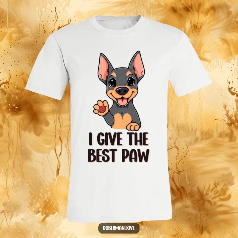 Funny Kawaii Doberman t-shirt featuring a lovable dog holding out its paw in a welcoming gesture, perfect for dog lovers.