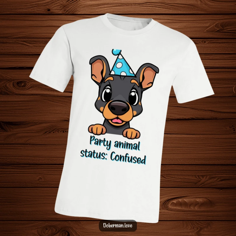 Funny Doberman T-Shirt: Adorable kawaii dog with a silly party hat, captured in a moment of hilarious surprise.