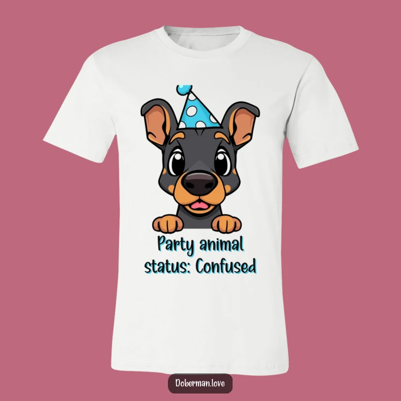 Funny Surprised Doberman Party Hat Tee - Whimsical Dog Shirt