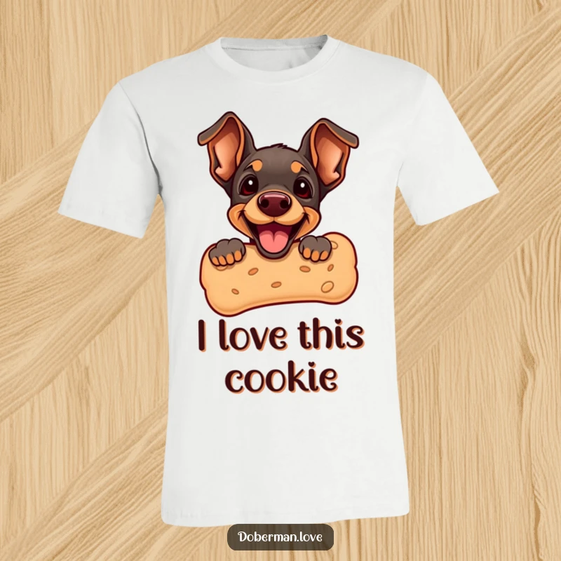 Funny Doberman Puppy T-Shirt featuring a cute puppy peeking from a giant dog biscuit. Adorable and humorous dog apparel, ideal for casual wear.