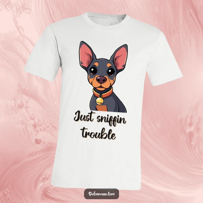 Funny Kawaii Doberman T-Shirt featuring a curious dog with a tiny bell collar, a delightful and humorous item.