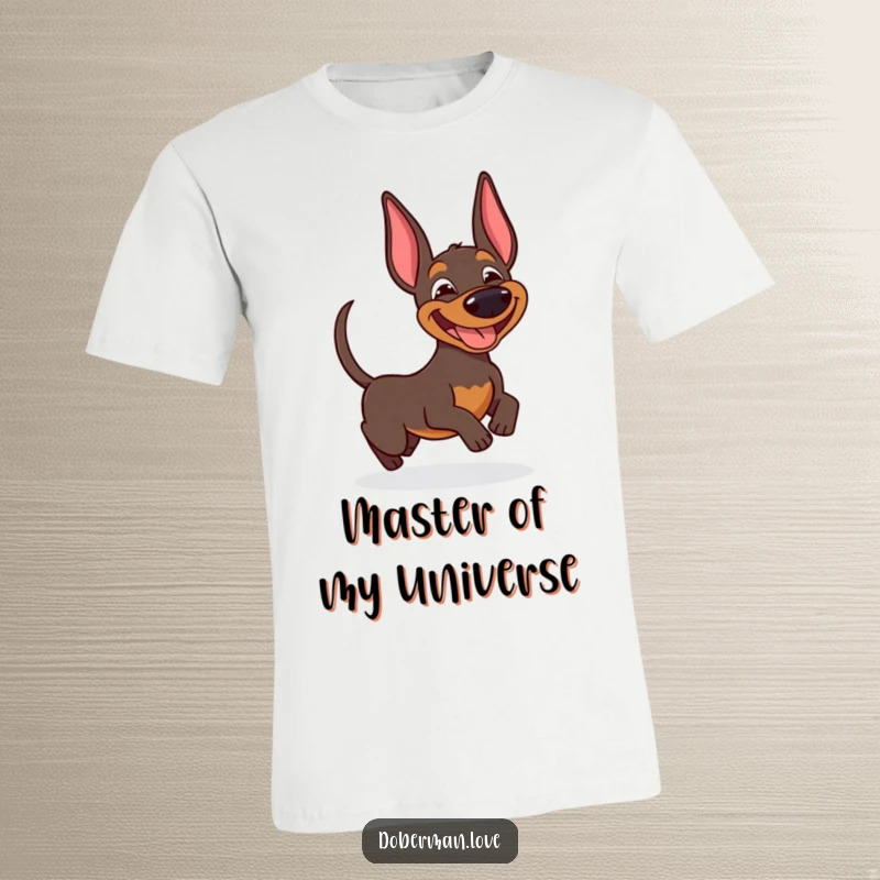 Funny Doberman t-shirt featuring a happy dog with a goofy grin, playfully chasing its wagging tail, ideal for dog lovers.