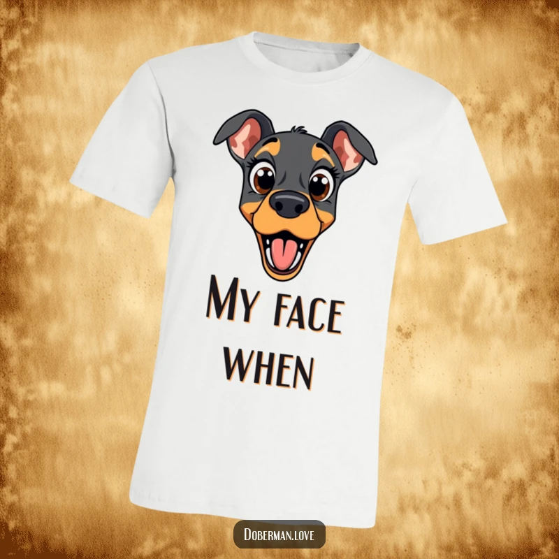 Funny doberman t-shirt showcasing a dog with wide eyes and an open mouth, capturing a moment of pure, comical surprise.
