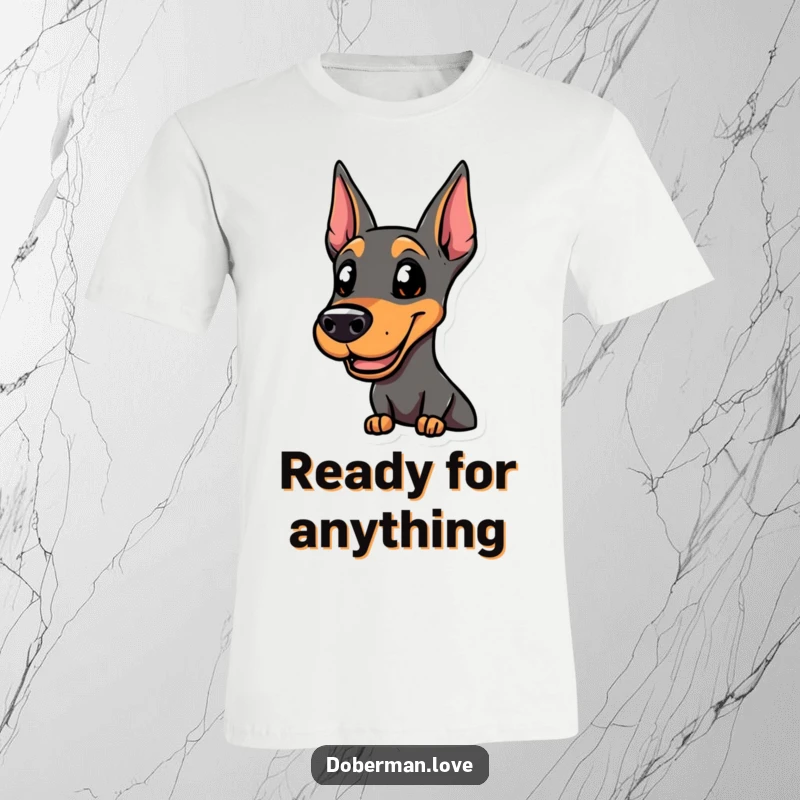 Funny smiling Doberman t-shirt, alert and ready for action, showcasing a bold and humorous canine presence.