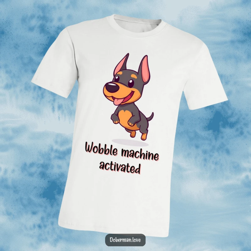 Funny t-shirt displaying a chubby Doberman dog with a charmingly wobbly and excited trot, radiating pure canine joy.