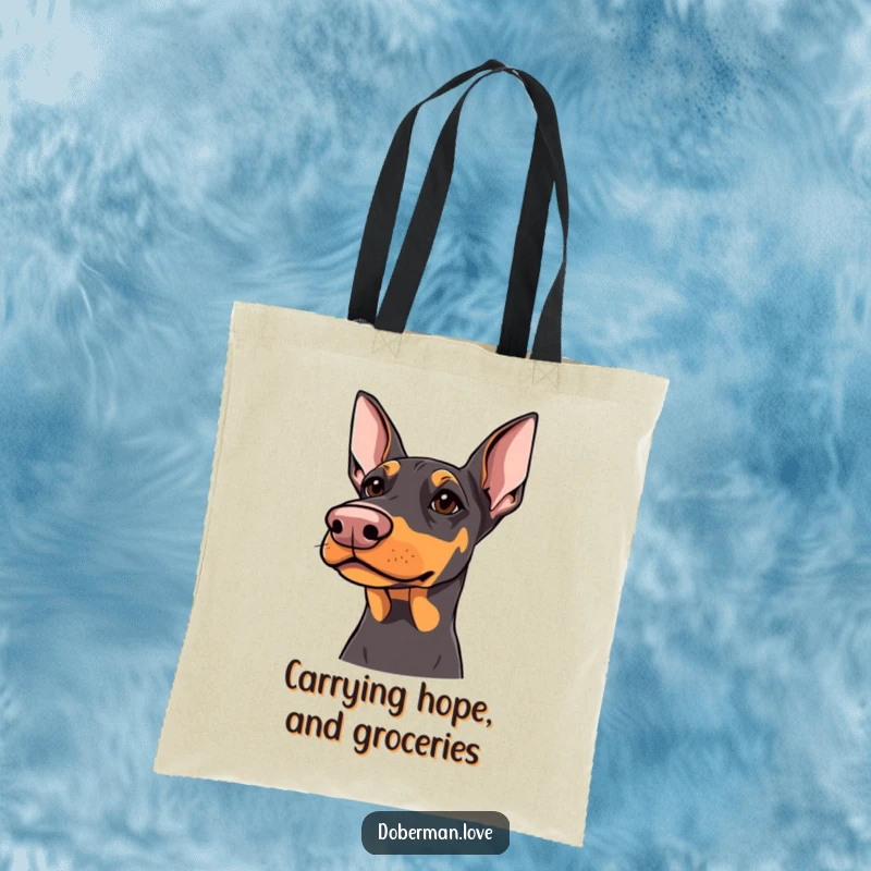 Funny Doberman Tote Bag: Doberman with sharp but kind eyes looking upwards, humorous and practical tote for dog owners.