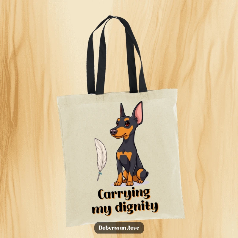 Funny Tote Bag with a Doberman in a proud stance, watching a delicate fluttering feather, perfect for carrying items with elegance.