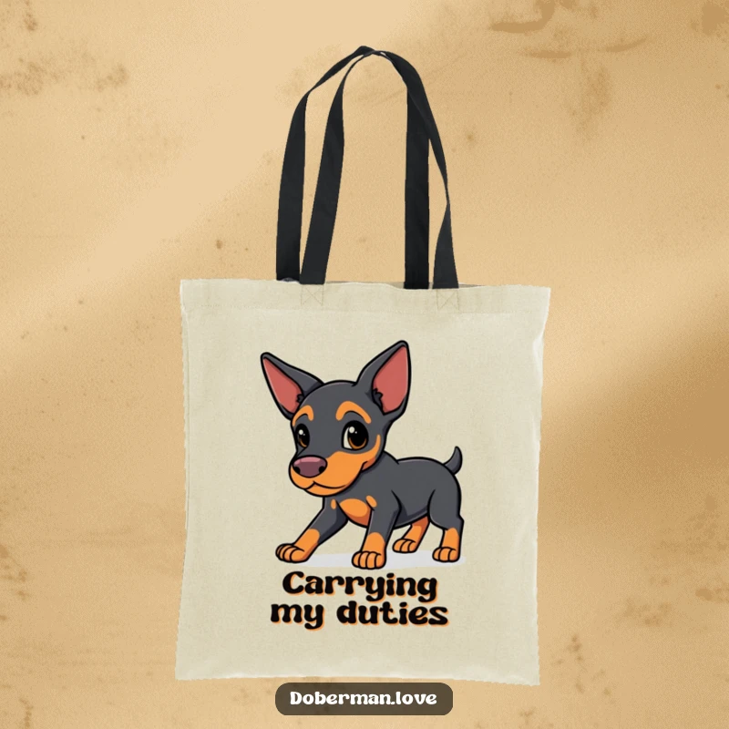 Funny Protective Doberman Tote Bag: a sleek-eared kawaii Doberman in a watchful stance, perfect for carrying essentials securely.