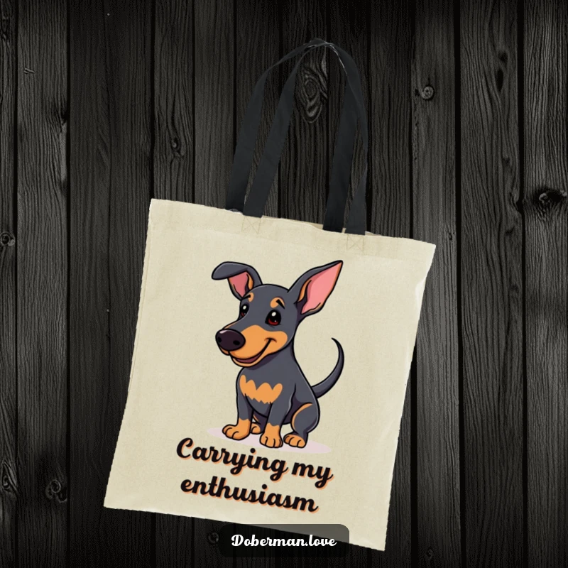 Funny Tote Bag with an enthusiastic Doberman wagging its tail and smiling, perfect for carrying daily items with doggy charm.