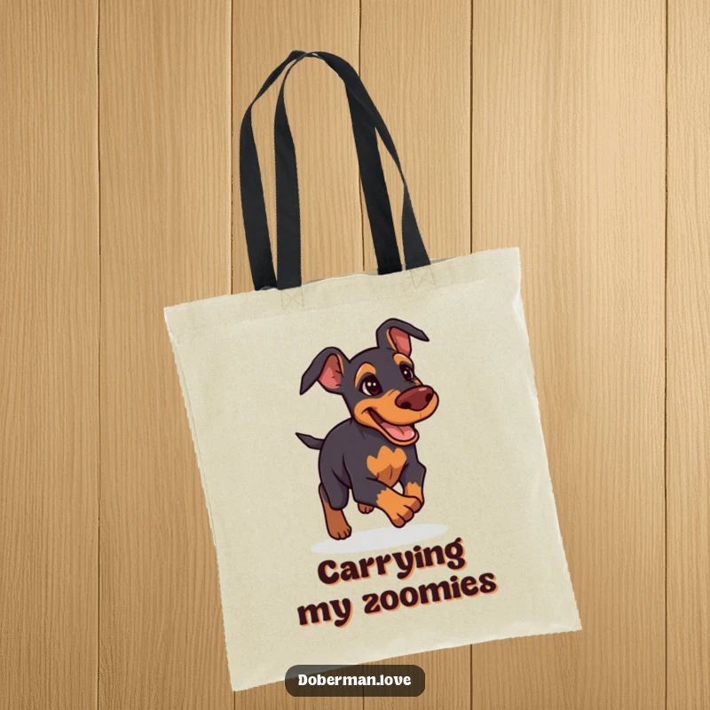 Funny Doberman Tote Bag: Determined and friendly Doberman giving chase, humorous and practical tote for dog owners.