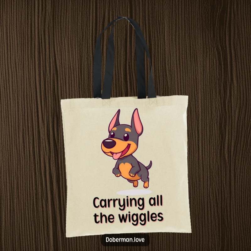 Funny tote bag beautifully illustrating a chubby Doberman dog's excited and wobbly trot, perfect for carrying groceries with glee.