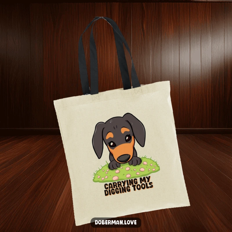 Funny Doberman Tote Bag: Energetic dog joyfully digging in moss, a humorous and practical accessory.
