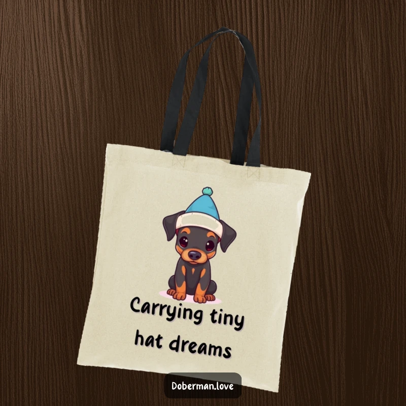 Funny tote bag illustrating a Doberman puppy comically struggling to keep a tiny hat on its head.