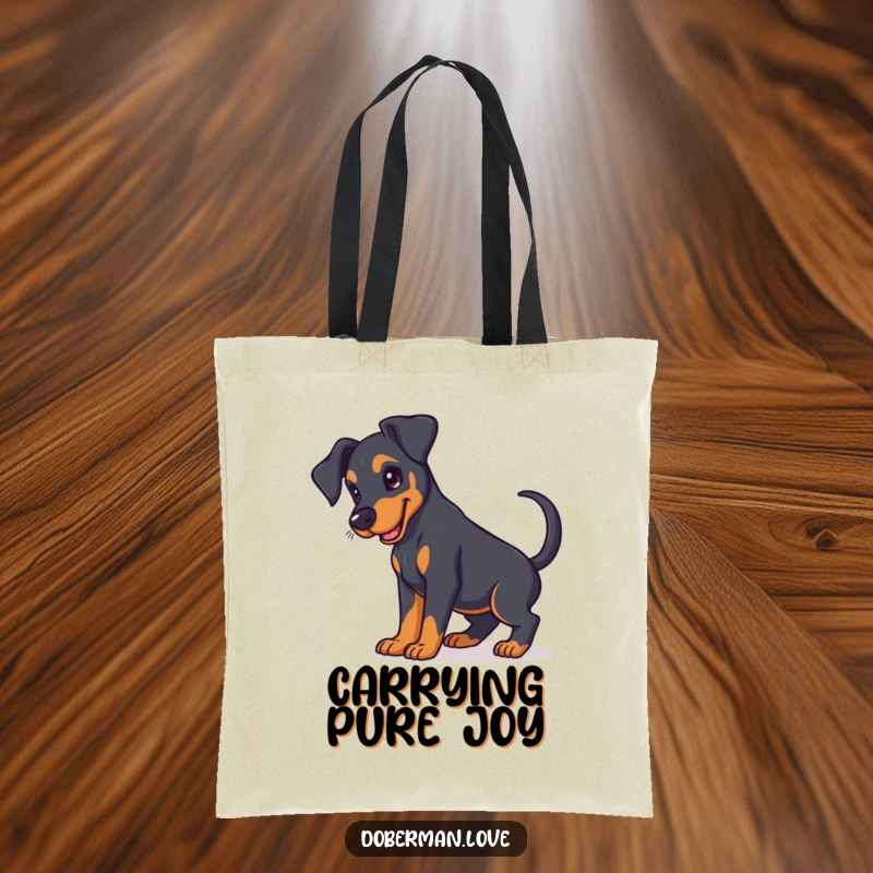 Funny Doberman puppy tote bag with floppy ears and a wagging tail, perfect for carrying items with canine charm.