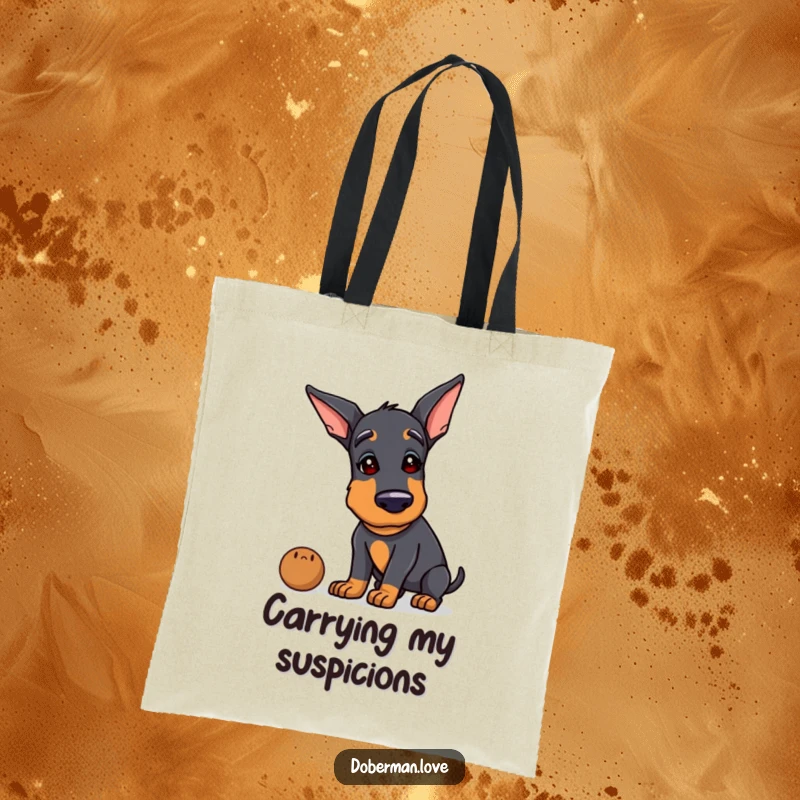 Funny Doberman tote bag illustrating a dog tilting its head curiously while sniffing an odd object, perfect for a humorous shopper.