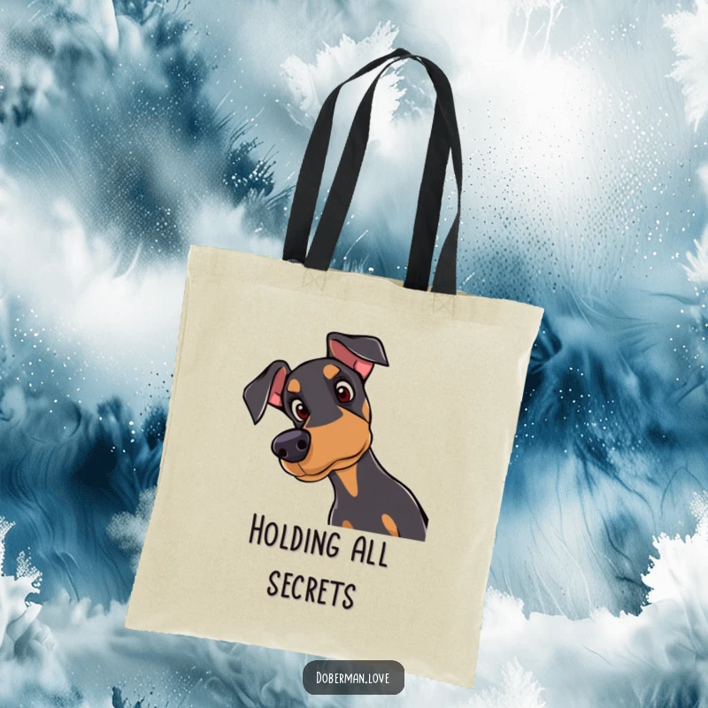 Funny Doberman tote bag with a curious dog tilting its head with attentive eyes, perfect for carrying daily items with doggy charm.
