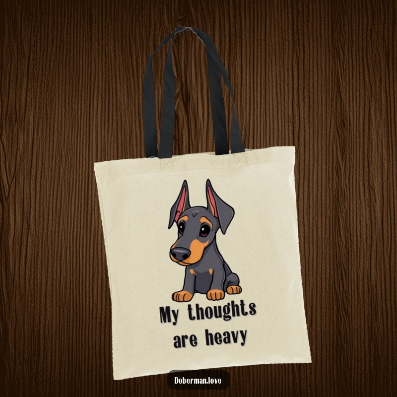 Funny Doberman Tote Bag: Sleek dog with alert ears, looking thoughtfully curious, practical and humorous tote for dog owners.