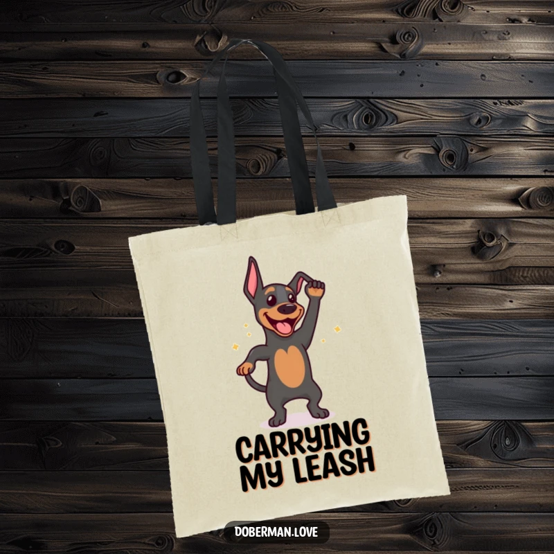 Funny tote bag print of a happy Doberman dog energetically wagging its tail in a dance, perfect for carrying items with a smile.