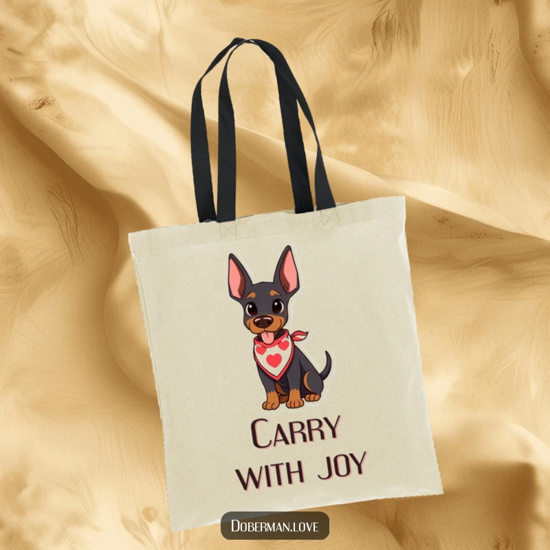 Funny Doberman Tote Bag showcasing a kawaii doberman puppy wearing a bandana, its tail wagging with excitement, ready for fun.