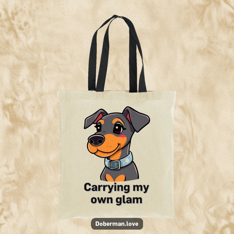 Funny doberman tote bag designed with a whimsical dog wearing a stylish collar that sparkles brightly, perfect for everyday chic.