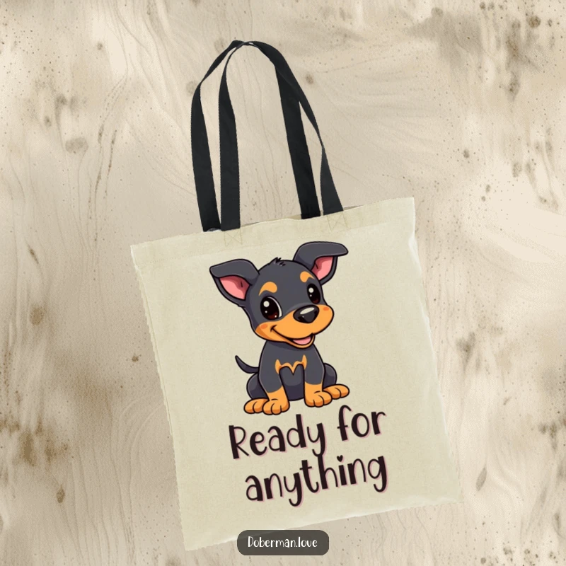 Funny Kawaii Doberman Puppy Tote Bag: A Doberman puppy with alert ears and wagging tail, a charming funny gift.