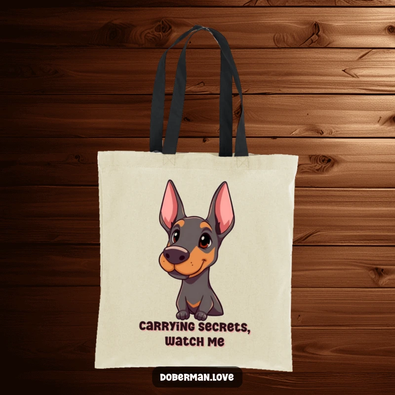 Funny Doberman tote bag featuring a proud dog with an attentive head tilt, perfect for carrying essentials in style.